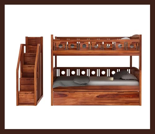 Image of RECTART Sheesham Wood Bunk Bed | Wooden Double Bed Bed Furniture for Bedroom | Living Room | Home (BunnyBed, Honey)