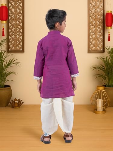 Image of Kids Ethnic Wear - Stylish Half Printed & Vibrant Color Pure Cotton Kurta with Elastic Waist Dhoti Set for Boys