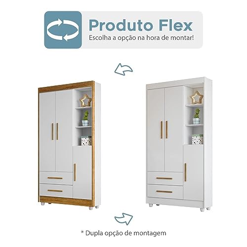 Guarda Roupa Infantil Flocos 3 Portas 2 Gavetas Tigus Baby Flex Color Branco/ypê/branco