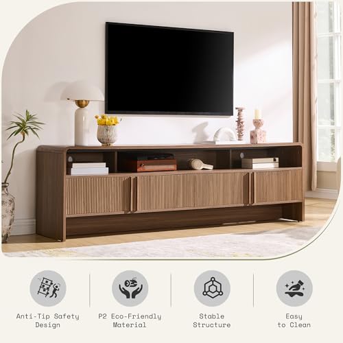 Image of AMERLIFE 70 inch Fluted Wood TV Stand for TVs up to 80 inch, Media Console Entertainment Center with Storage Cabinets for Living Room, Brown