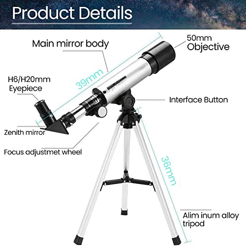 Refraktor Teleskop Astronomie für Kinder, Uverbon Astronomisches Teleskop Fernrohr Astronomy mit Verstellbarem Aluminium Stativ, 360/50 mm 90 x HD Zoom, Tragbares, für Kinder und Erwachsene Anfänger