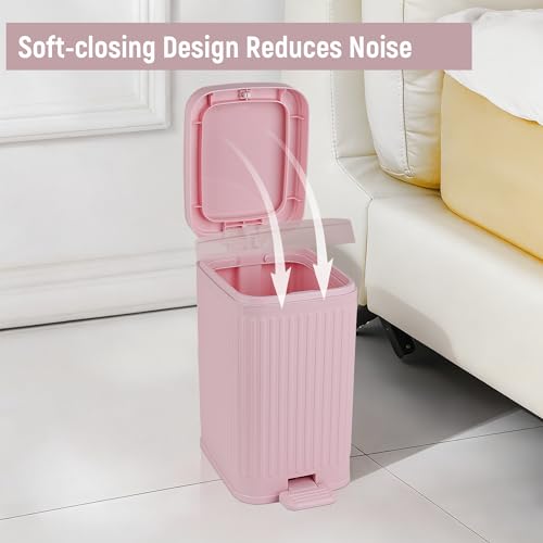 Image of rejomiik Small Bathroom Trash Can with Lid Slim Soft Close Garbage Can Step Wastebasket Container Trash Bin for Office Bedroom Kitchen Living Room 1.9 Gallon Pink
