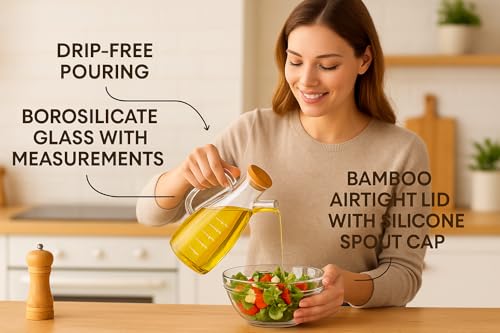 Image of Cooking Seasoning Bottle Glass Oil Dispenser and Stoppers Bottle with Handle,and Wooden Lid Capacity: 900 ml, Transparent (Pack of 1) (wooden lid)
