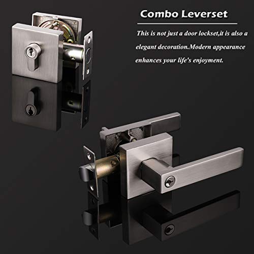 Gobrico Entry Lever Door Handle And Single Deadbolt Lockset Keyed Alike Lever Set In Satin Nickel,Square Rosette,For Front Door Entrance Door,1Pack #TOP3