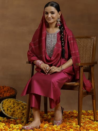 Image of Libas Gerua Womens Yoke Design Silk Blend Straight Kurta With Trousers and Dupatta | daily wear suit