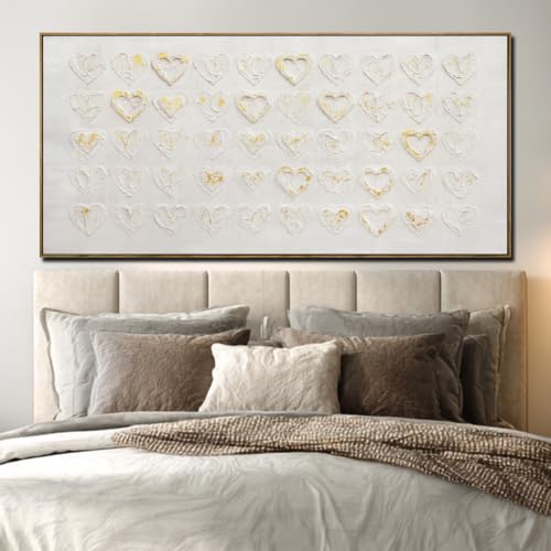 Image of White And Gold Wall Art For Living Room 3d Textured Large Canvas Pictures Love Heart Wall Paintings Framed Artwork Decor 29 inchx58 inch