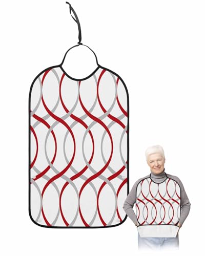 LEOKOTI Red Grey Adult Bibs for Eating, Waterproof Bibs with Food Catcher & Adjustable Snap Closure, Modern Geometric Contemporary Abstract Washable Clothing Protectors Adult Bibs for Elderly
