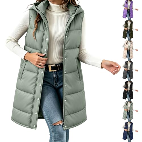 XOGWVJ Womens Long Vests Sleeveless Outerwear Womens Puffer Vest Long Hooded Sleeveless Coat Winter Warm Quilted Zip Up Jacket with Pockets Casual Cold Outerwear Green XL - image 1