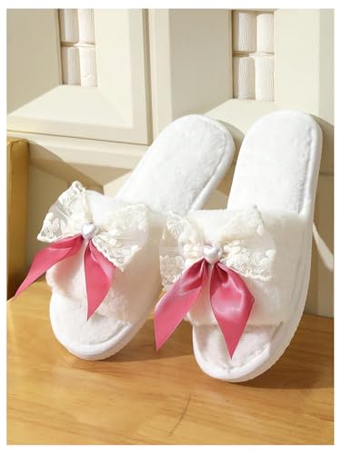 Verdusa Women's Open Toe Plush Slippers Fuzzy Home Bedroom Slippers with Lace Bow4
