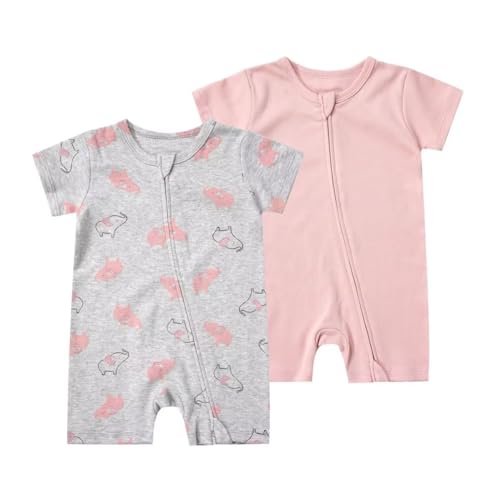 Image of Teach Leanbh Unisex Baby 2 Pack Pajamas Cotton Short Sleeve 2 Way Zipper Printing Soild Romper Jumpsuit Sleep and Play