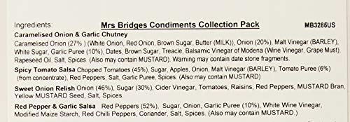 Mrs Bridges Condiment Collection, 3.5 Ounce (Sweet Onion Relish, Red Pepper & Garlic Salsa, Spicy Tomato Salsa, and Caramelized Onion & Garlic Chutney)
