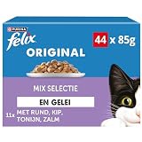 Felix Selección de Mezcla en Jalea de Comida para Gatos, Bolsas de Comida húmeda con Carne de Res, Pollo, salmón y atún, 44 x 85g (44 Bolsas de Comida; 3,7kg)