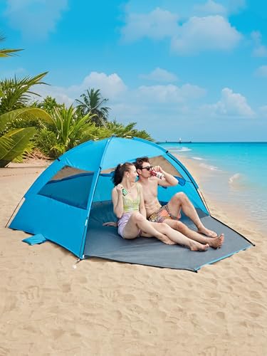 SANHOVO Easy Set-Up Beach Tent - UPF 50+ Sun Shelter for Family (2-3 Person), Portable Instant Sun Shade with 3 Mesh Windows, Windproof Stakes & Storage Pockets, for Beach, Camping, Picnics