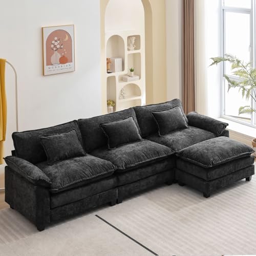 Image of Oprisen 120 inch Modular Sectional Sofa, Comfy Cloud Couch Sectional Sofa with Ottoman, Chenille Sofa Sleeper Deep Seat Sofa with Throw Pillows for Living Room (Black, 120 inch- L Shape)