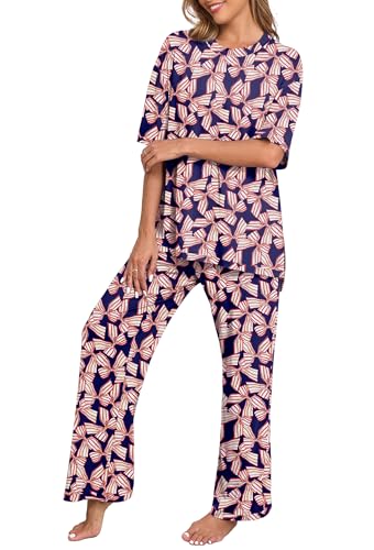 Image of PrinStory Womens Pajamas Sets 2 Piece Lounge Set Short Sleeve Tops and Long Pants Soft Pjs Loungewear with Pockets