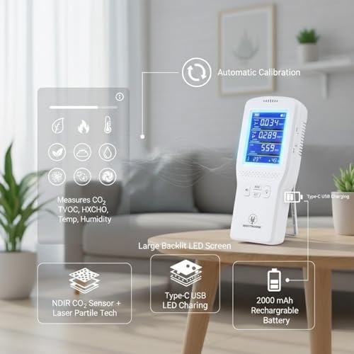 Image of Portable Air Pollution Detector for CO2| TVOC | HCHO | with Type C Charging,High Accuracy Test for Harmful Gasses,Temperature & Humidity with 2000Mah Battery