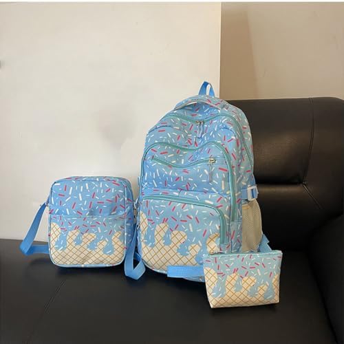 3Pcs Backpack School Bag, Ice Drip Backpack Lunch Bag Pen Bag for School Travel Camping Travel Casual (Blue, One Size) - 1