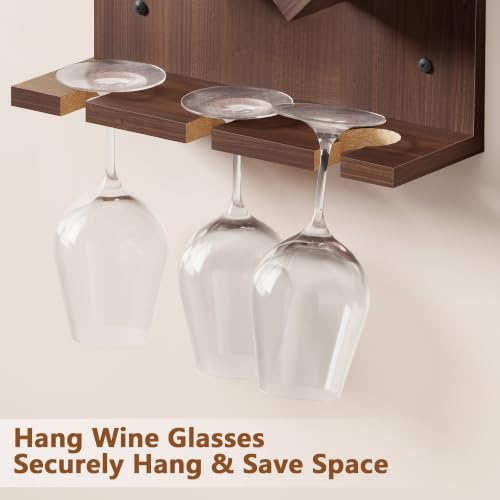 Image of Hoctieon Wine Rack Wall Mounted, 6 Bottles Wood Wine Rack for Display and Storage, Hanging Bottle Holder Bar Shelves for Living Room, Kitchen, Dining Room, Wine Cellar, Walnut