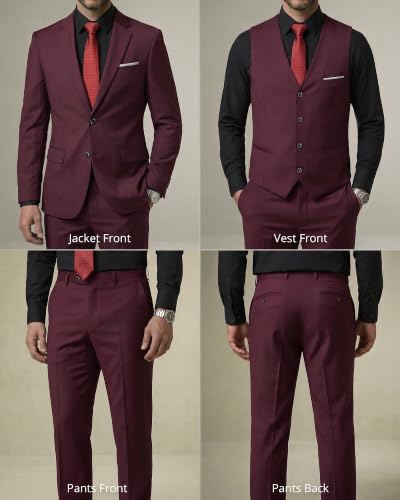 Image of YND Men's 3 Piece Suit with Tie, Solid Color Slim Fit Jacket Vest and Pants