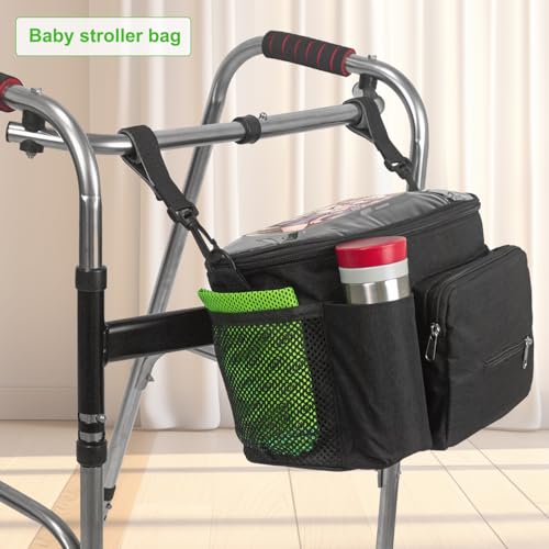 Image of Large Walker Bag with Water Cup Holder,Walker Basket,Foldable Walker Storage Bag,Side Walker Bag,Walker Side Access Bag Organizer Pouch Tote,Scooters or Rollator Walkers (Black)