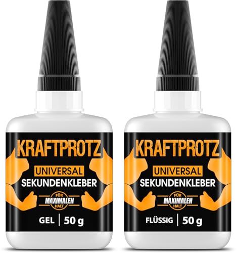 2× 50 g Sekundenkleber Set – Flüssig & Gel – KRAFTPROTZ Superkleber extra stark, wasserfest & hitzebeständig – Anti-Austrocknungs-Spitze – Für Kunststoff, Glas, Metall, Holz, Gummi, Stein & mehr
