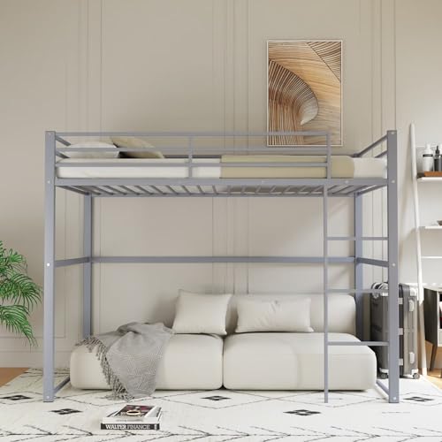 Furrnook Metal Loft Bed Twin Size, Loft Bed Frame with Safety Guard Rails & Flat Ladder, Twin Loft Bed for Kids Teens Adults, Gray