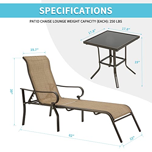 HOMEFUN Patio Chaise Lounges Outdoor, Poolside Chairs with Coffee Table Adjustable Back Reclining Iron Textilene 3 Pieces, Beige