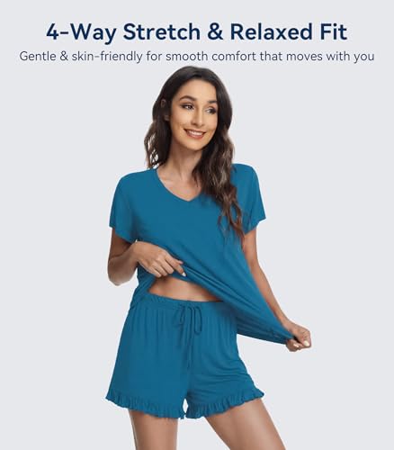 Image of WiWi Womens Pajamas Set Bamboo Viscose Super Soft Short Sleeve Top Ruffle Shorts Sleepwear Cooling Pj Sets S-XXL