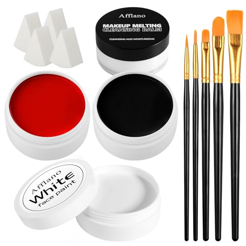 Black White Red Face Paint Kit Large 50g Oil-Based Grease Makeup Set with Remover Balm 5 Brushes & 4 Sponges Waterproof Full Coverage Halloween Cosplay & Stage SFX Makeup