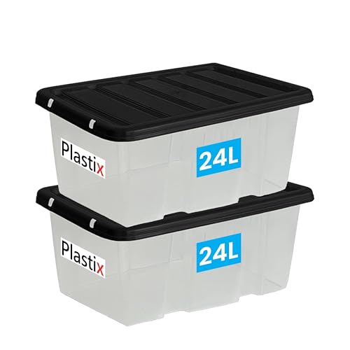 Image of Plastix Clear Plastic Storage Box Boxes With Black Lids Home Office Stackable UK Made (2, 24L)