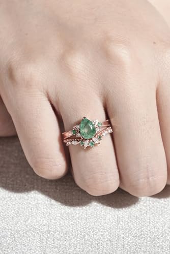 Natural Moss Agate Engagement Ring Set for Women 1.5 CT Pear Cut Moss Agate Wedding Ring Set for Women 925 Sterling Silver 10K 14K 18K Gold2