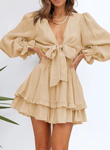 Image of Dokotoo Womens Casual Spring Fall 2025 Deep V Neck Knotted Tiered Chiffon Elegant Mini Short Swing Skater Dresses