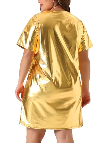 Image of Agnes Orinda Plus Size Dress for Women Metallic Round Neck Short Sleeve Party Clubwear Loose Mini T-Shirt Dress