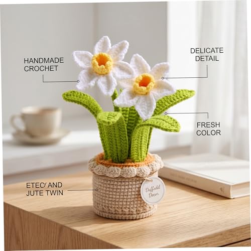 Narcisos de ganchillo regalo artesanal de flor tejida blanca con maceta de hilo 4