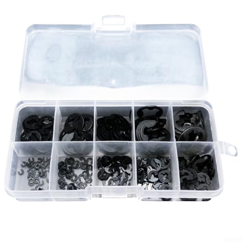 Juego de 300 anillos de retención de acero inoxidable negro para reparación de automóviles, material 304 con caja de almacenamiento transparente, compatible con