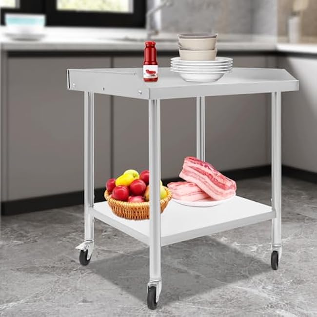 2-Tier Rolling Work Table for Food Prep, Baking,Large Mobile Kitchen Island with Adjustable Shelf & Locking Casters, Stainless Steel Kitchen Prep Table for Hotel,Home,Restaurant-rIIEI0dG