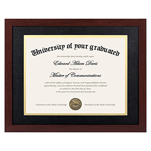 Image of upsimples Diploma Frame with HD Glass, 11x14 Mahogany, 1 Pack | Certificate Degree Frame, Fits 8.5 x 11 with Mat, Graduation Gift for Wall and Tabletop, Black & Gold Double Mats