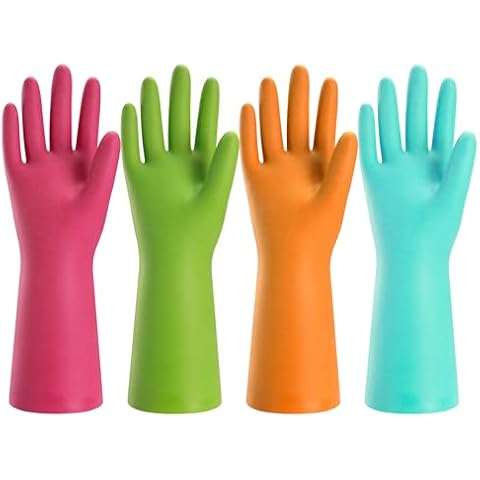 Bamllum Rubber Cleaning Gloves for Kitchen - 4 Pairs Reusable Dishwashing Gloves for Household, Flexible Long-lasting & Waterproof (Large, Blue+Green+Red+Orange) Cover