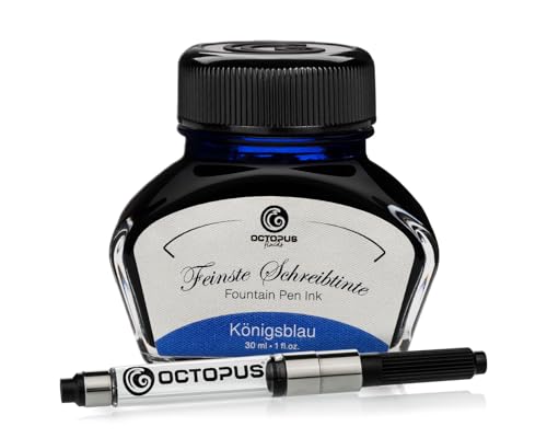 Octopus Fluids Füllhaltertinte im Tintenglas inklusive Konverter, Schreibtinte für Füllhalter, Füllertinte in Königsblau löschbar 30ml mit Tintenkonverter
