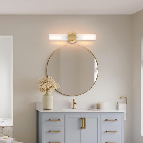 Image of BYOLIIMA Gold Knurled Texture Wall Sconce Frosted Glass Shade Modern Bathroom Vanity Light Fixtures 2-Lights Mid Century Wall Light for Mirror Living Room Hallway E26 T10 Bulbs(Excluded)