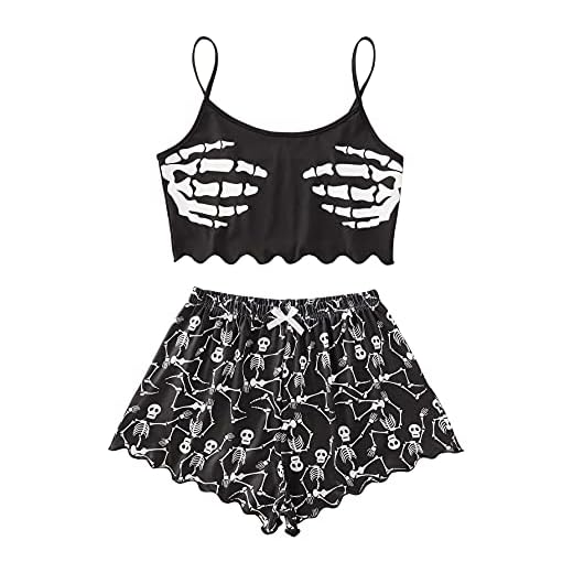 WDIRARA Women's Sleepwear Skull Print Strap Pajama Set Cami and Shorts Black Bow L