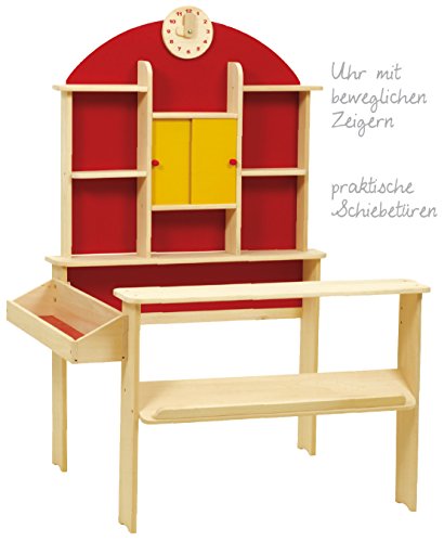 roba Kaufladen, Kinder Kaufmannsladen, Holz natur, Verkaufsstand mit Theke, Uhr, roter Rückwand & gelben Schiebetüren – Bild 6