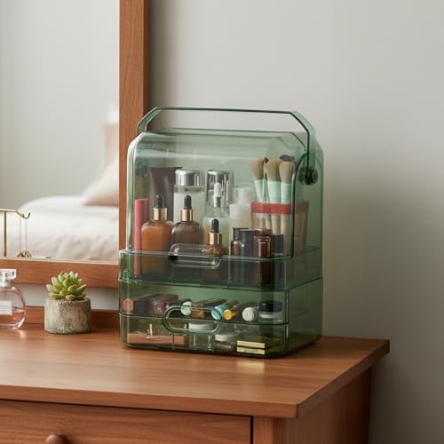 Image of Amazon Basics Glossy PET Cosmetic Storage Organizer | 26.5 x 17.5 x 35 cm | 3 Compartments | Waterproof & Dustproof Lid | Green