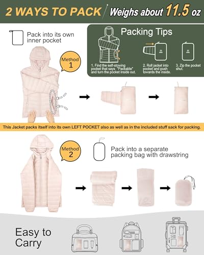 Image of Outdoor Ventures Women's Packable Lightweight Full-Zip Puffer Jacket with Hood Quilted Winter Coat