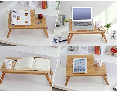 Image of Foldable Wooden Laptop Table for Bed & Sofa | Adjustable Laptop Desk with Tilt Top Cup Slot Drawer | Ergonomic Study Work Table for Home Office Reading Writing Use