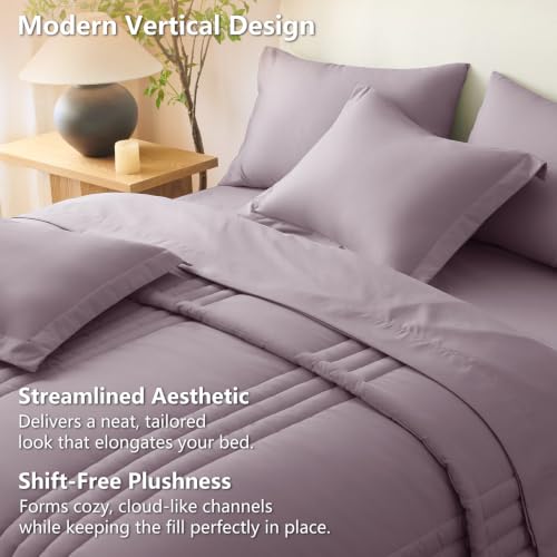 Image of CozyLux Full Size Comforter Sets Dusty Purple - 7 Pieces Bed in a Bag, Modern Vertical Quilted Room Decor, Soft All-Season Bedding Gift with Comforter, Sheets, Pillowcases & Shams