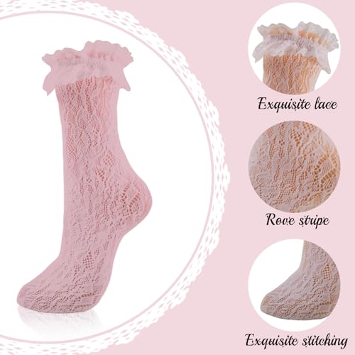 Image of 4 Pairs Womens Lace Ruffle Frilly Socks,Sexy Mesh Lace Trim Socks Lolita Socks,Cute Dress Socks Ankle High Socks for Women