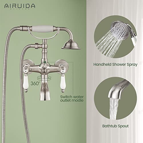 Airuida Brushed Nickel Wall Mount Bathtub Filler Tub Shower Faucet With Ceramic Handheld Shower Sprayer Double Ceramic Lever Handles Bathroom Shower Faucet Set System Telephone Shape Vintage Style #TOP2