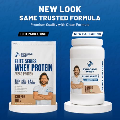Image of Explosive Whey Elite Series Whey Protein - Trusted by M.S. Dhoni | 24g Protein per Scoop | Premium Concentrate Sport Supplement for Enhanced Muscle Growth and Recovery | Coffee Bite - 1kg (30 Servings), Trustified Certified