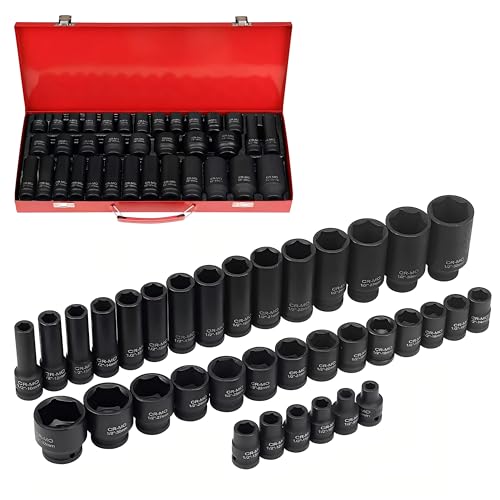HORUSDY 35-Piece 1/2" Drive Impact Socket Set, Standard Metric (8-32mm), Deep Sockets (10-32mm), 6 Point with Steel Case